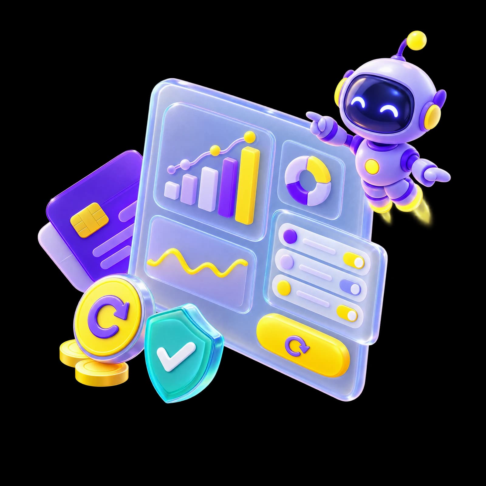 An isometric billing console with charts, a payment card, a refund coin and a shield, with Billy hovering beside it