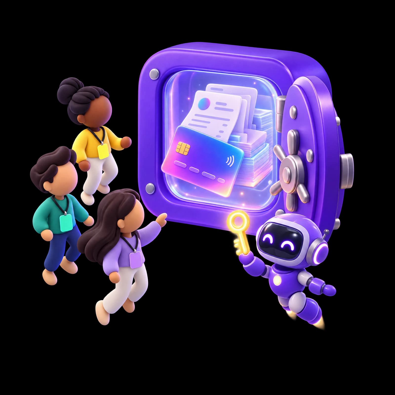 Agent Billy, an AI billing agent, unlocking a vault of Stripe billing data for three teammates wearing role badges